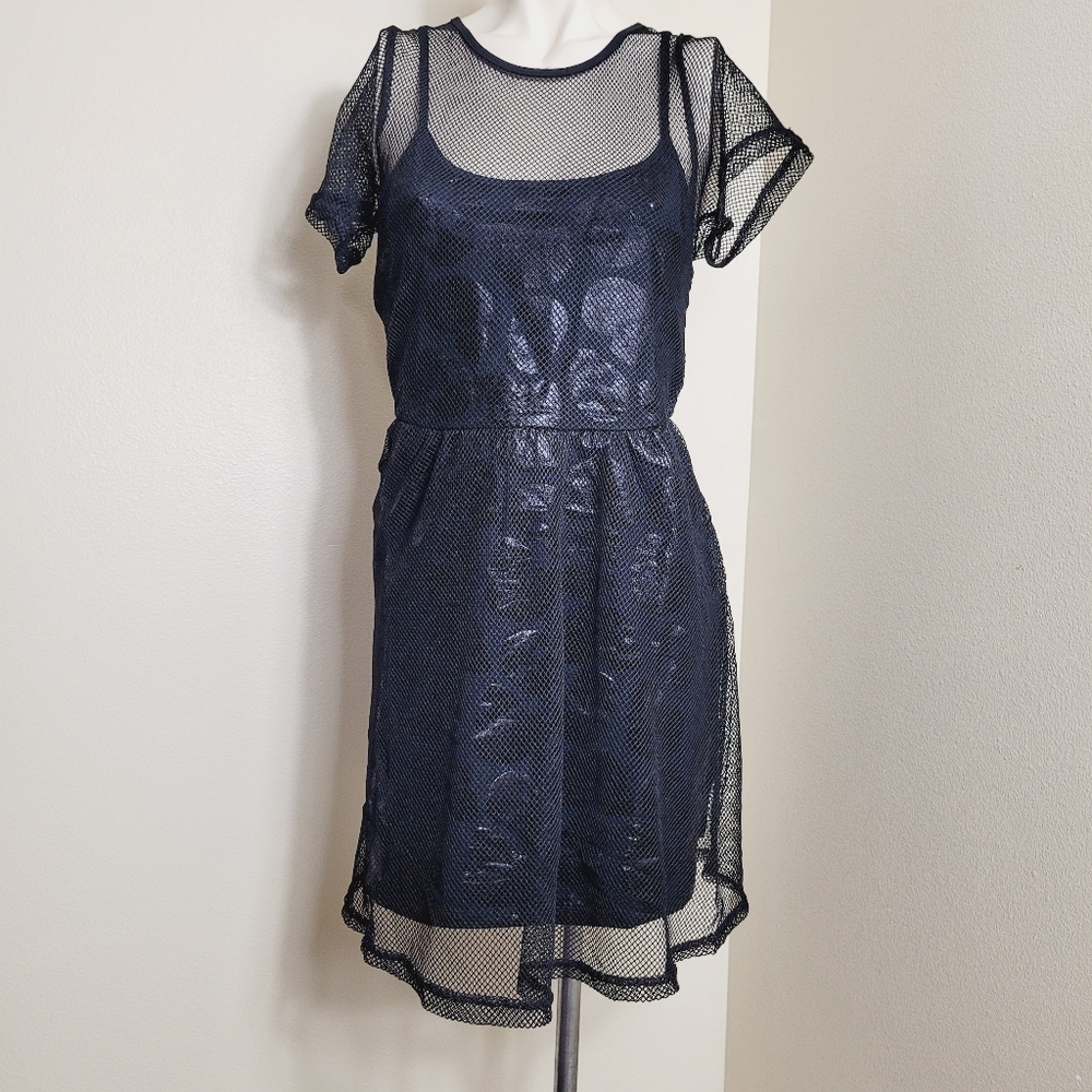 Iron Fist Navy Blue Mesh Overlay Dress